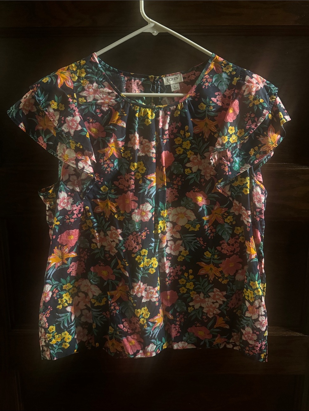 J. Crew Factory Navy Floral Flutter Sleeve Blouse